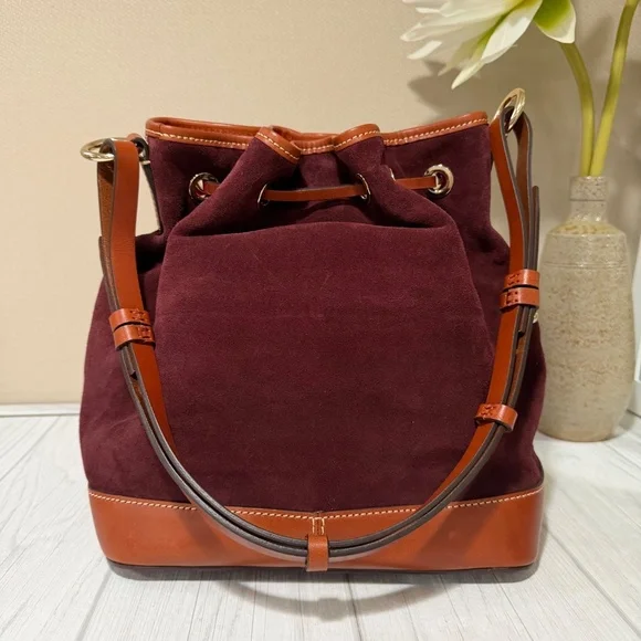 Dooney & Bourke Burgundy Suede Leather Drawstring Bucket Shoulder Bag - Picture 3 of 13